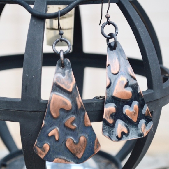 Concpetual Subculture Jewelry - Heart Hearts Solid Copper Embossed Patina Earrings Raw Rustic Gift Boho Handmade